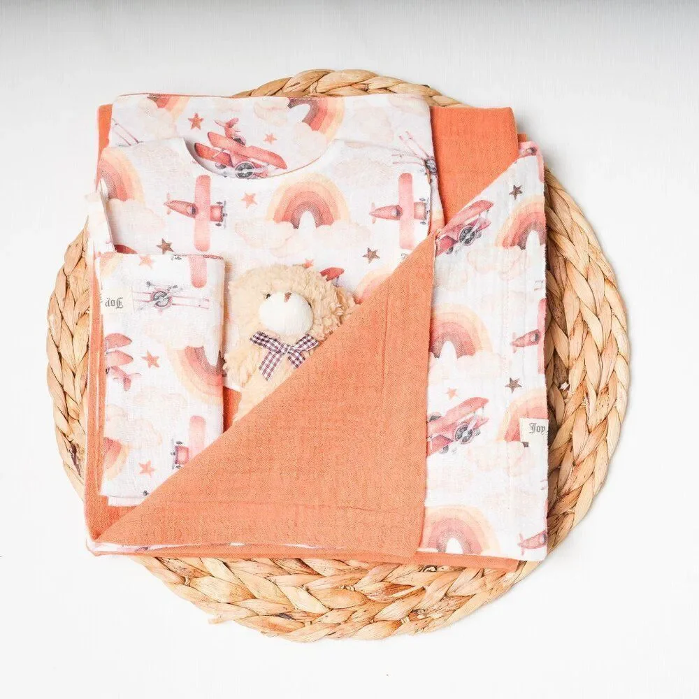 Baby Muslin blanket +burp cloth + toy + bib set, organic muslin baby bib, 4 laye